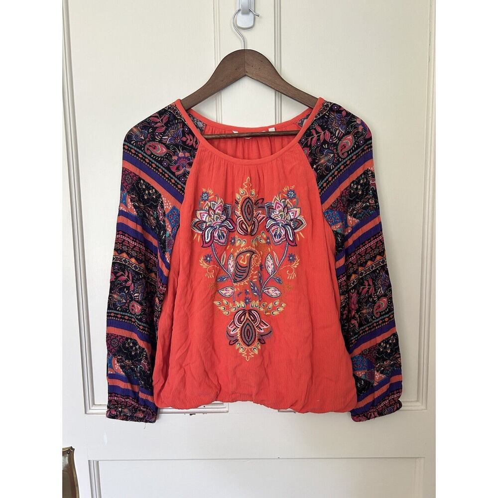 Soft Surroundings Blouse Womens Size Small Orange Embroidered Blame Rio Top